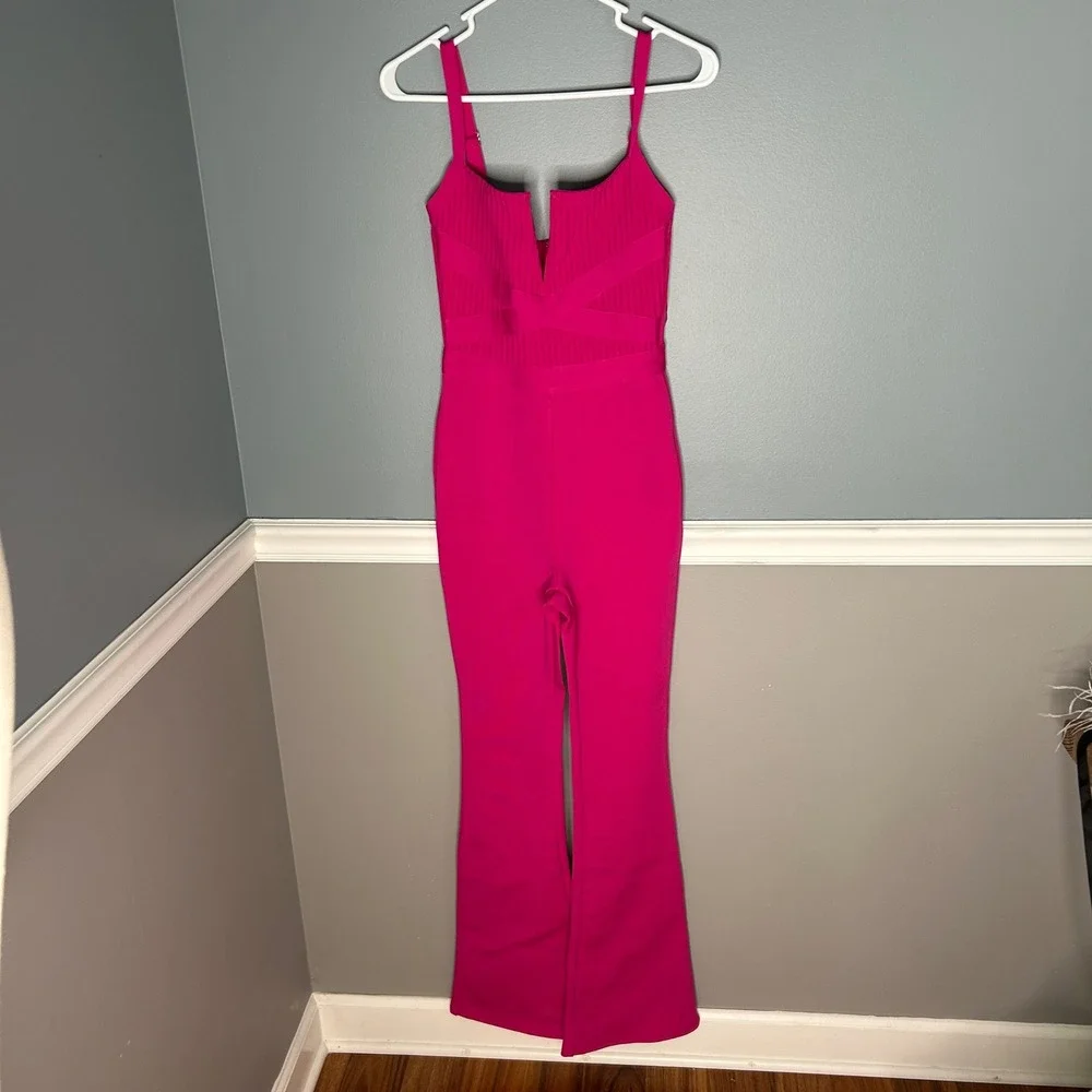 Fashion Nova‎ Misty Bandage Jumpsuit Magenta Pink Flare Leg Plunging V-Neck XS